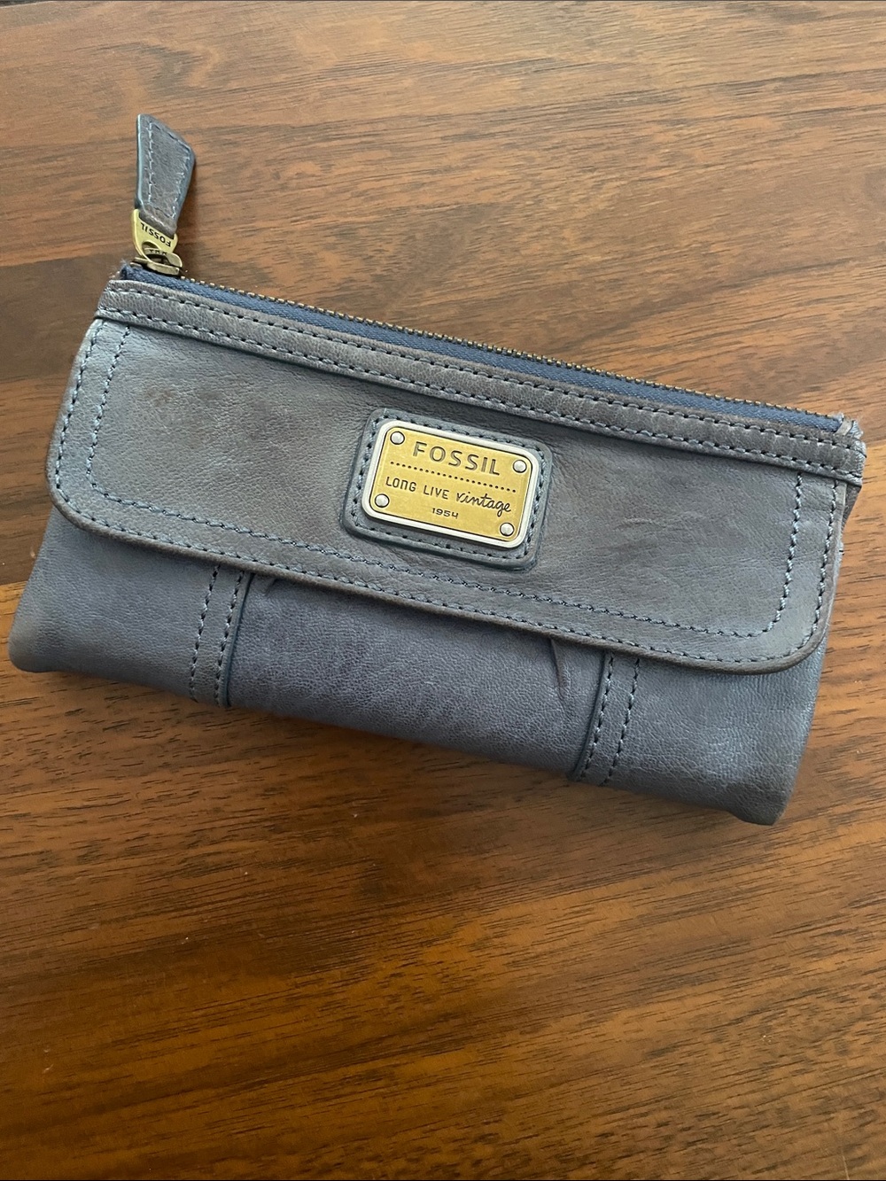 Fossil Blue-Gray Leather Zip Clutch Wallet with Brass Plate